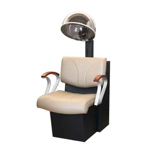 Collins Chelsea Dryer Chair with cushioned black upholstery and an opening in the back to accommodate a salon hooded dryer.