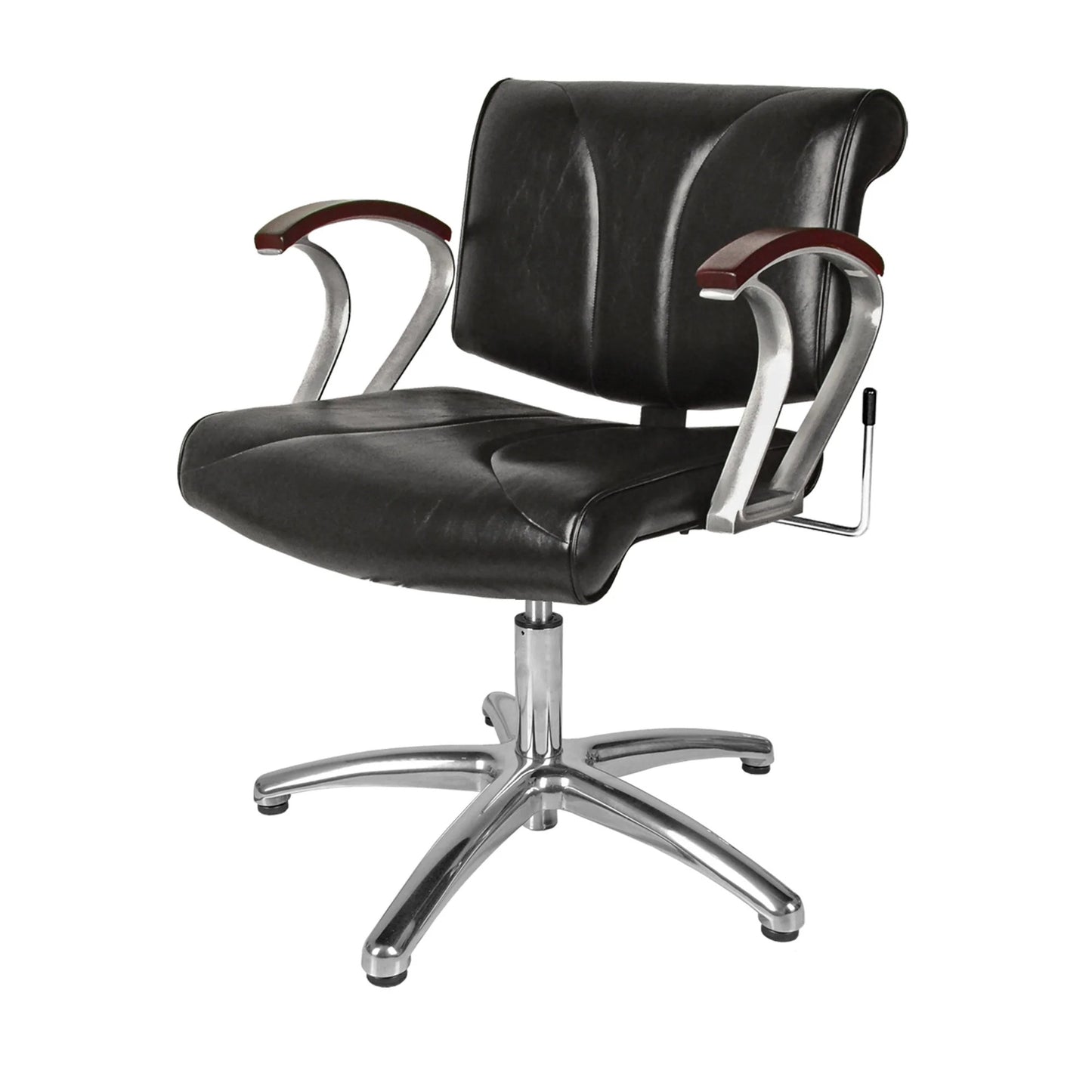 A black salon shampoo chair with chrome base and wooden arm pads, model COL-8131L.