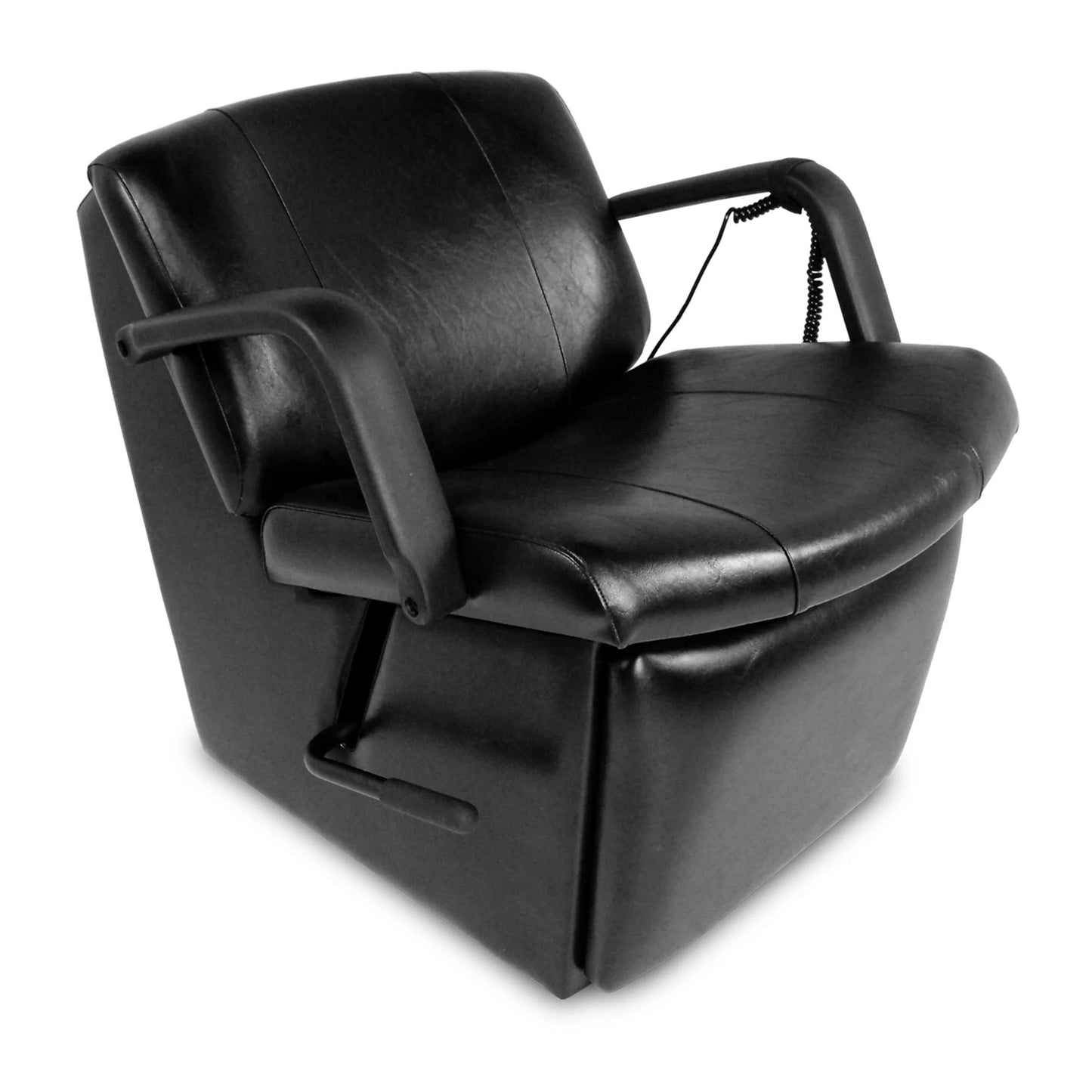 Black electric shampoo chair with oversized cushions, metal frame, and a water-shedding apron.