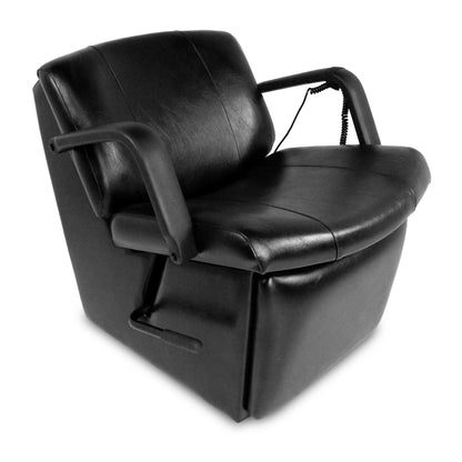 Black electric shampoo chair with oversized cushions, metal frame, and a water-shedding apron.