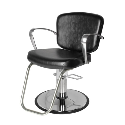 A black Collins Milano styling chair with polished cast-aluminum arms, a hydraulic lift, and an integrated footrest.