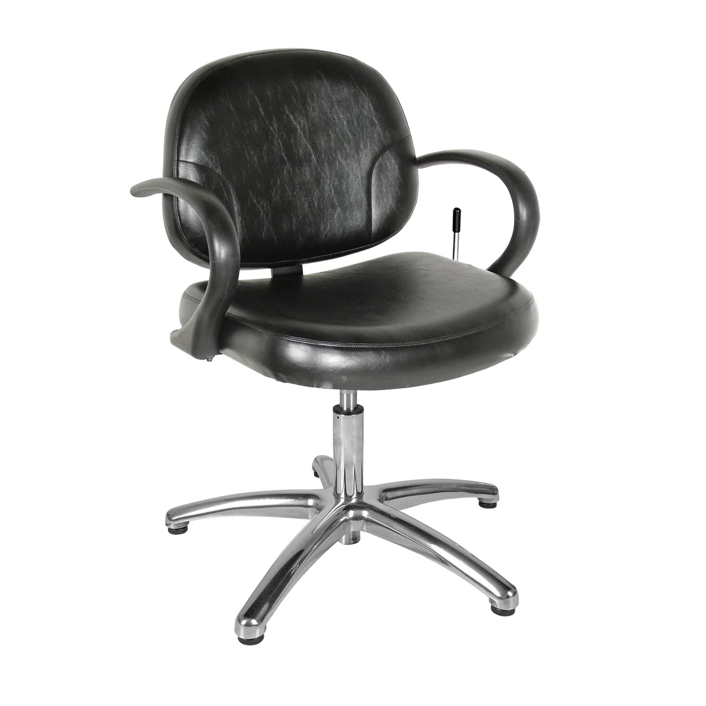 A black Corivas lever-control shampoo chair with a curved urethane armrest, on a metal base with a gas lift system.