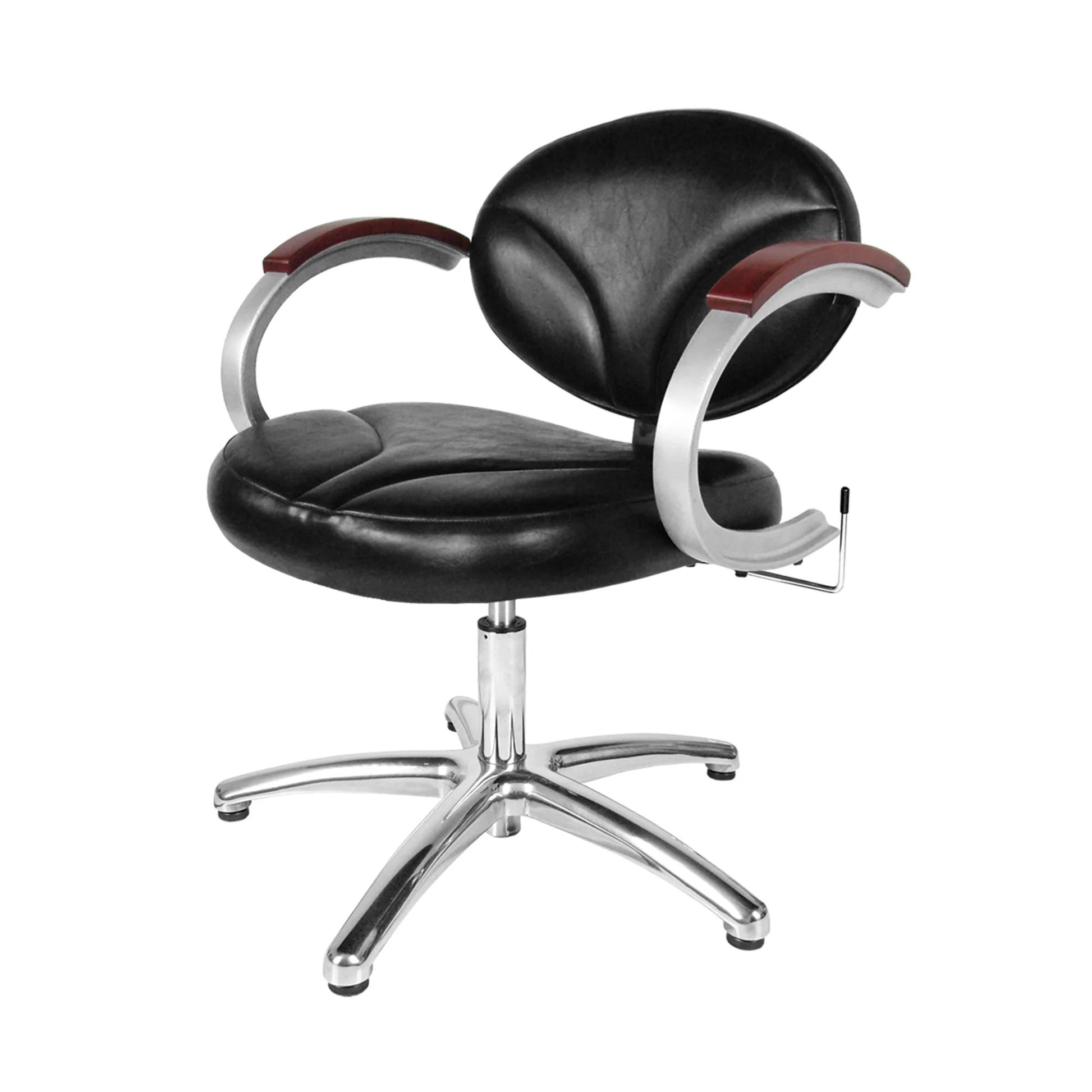 A black Silhouette Lever-Control Shampoo Chair with chrome base and wooden arm pads