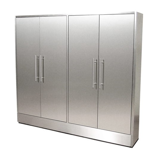A large stainless steel spa storage cabinet with four doors and a brushed finish.