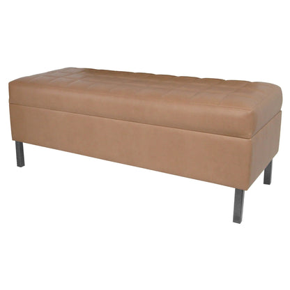 A brown, upholstered reception bench with a tufted design and tubular-steel legs.