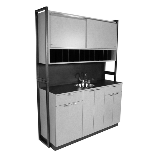 A professional salon hair color center station with storage cabinets, cubbies, and a built-in sink with stainless steel fixtures.