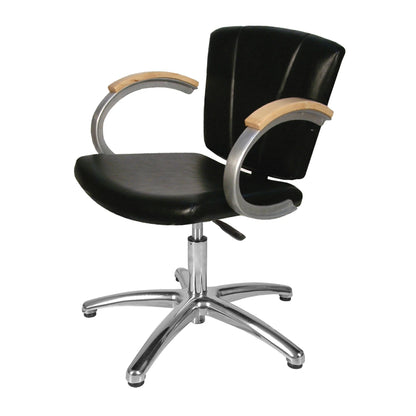 A Vanelle SA Shampoo Chair with a black leather seat, silver metal frame, and wooden armrests.