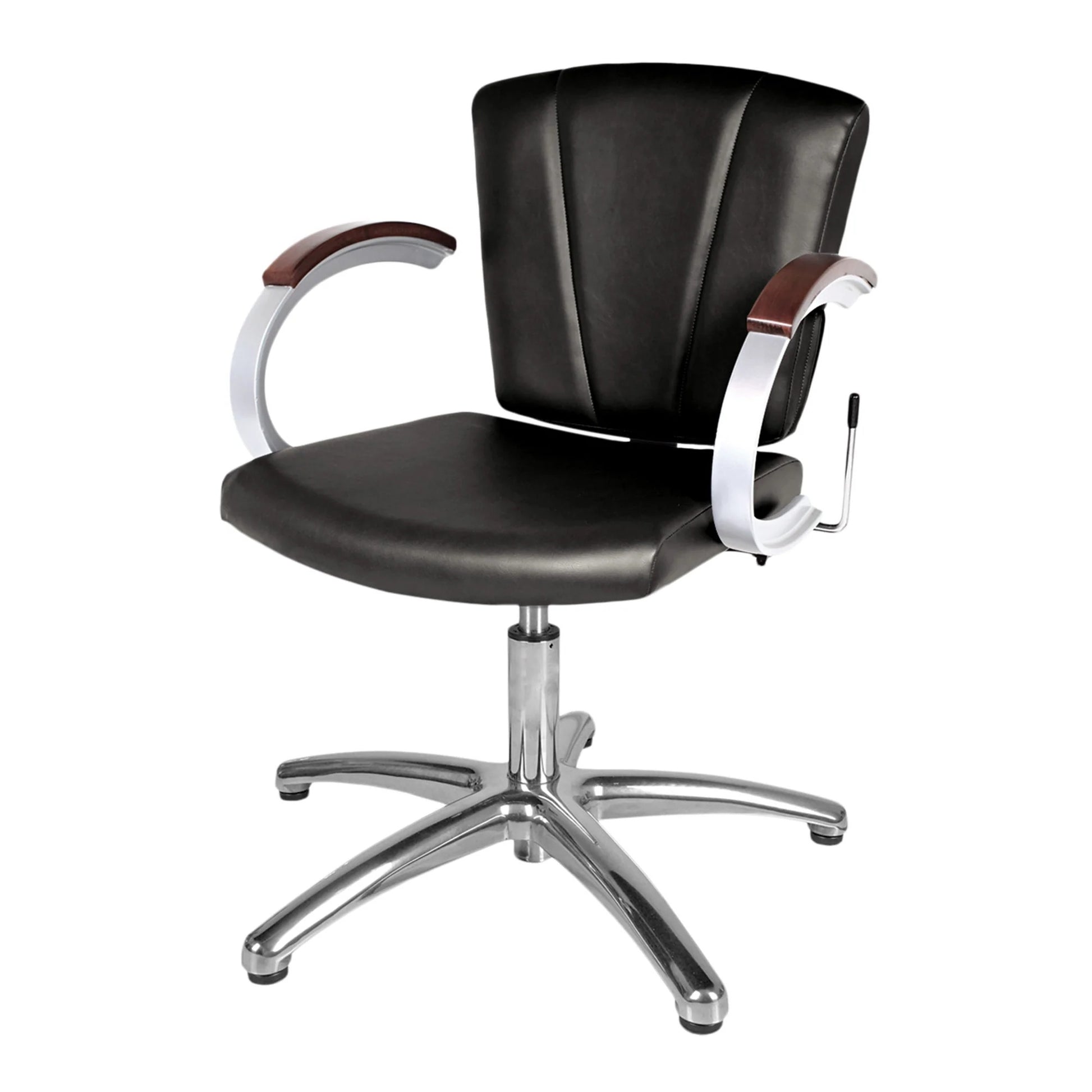 A black Vanelle SA Lever-Control Shampoo Chair with silver powder-coated cast-aluminum arms and real wood armrests, on a silver base.
