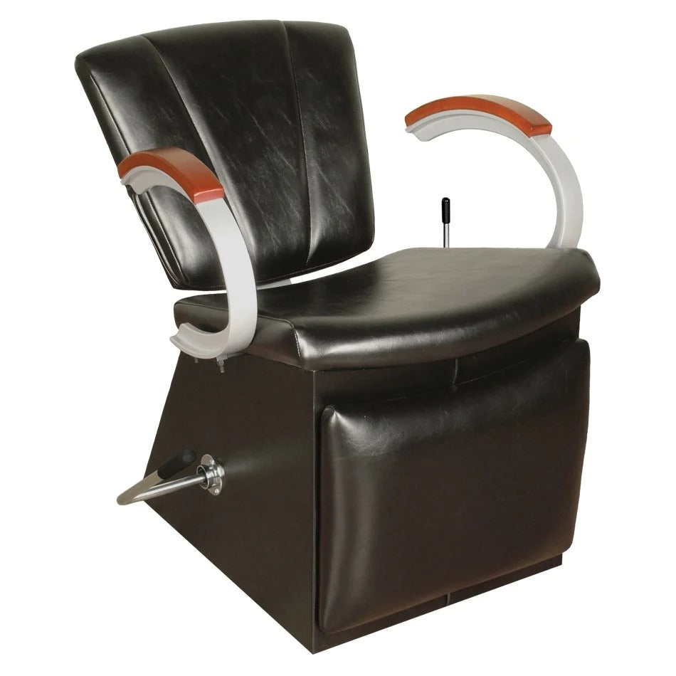 A Vanelle SA lever-controlled shampoo chair with black upholstery, wood armrests, and silver powder-coated cast-aluminum arms, shown with the leg rest in a raised position.