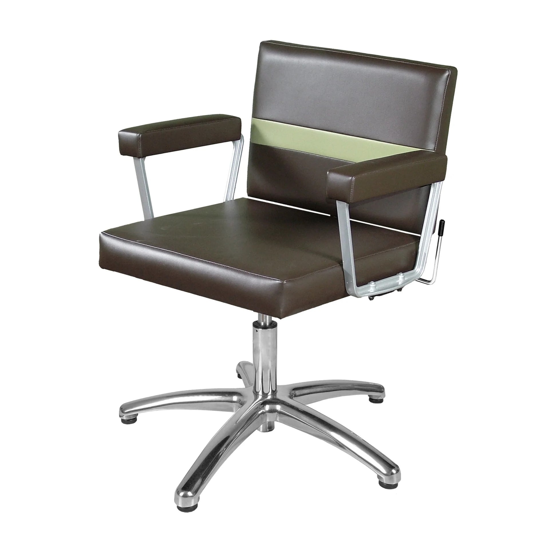A brown Collins Taress Lever-Control Shampoo Chair with metal base and armrests, gas-lift cylinder for height adjustment.