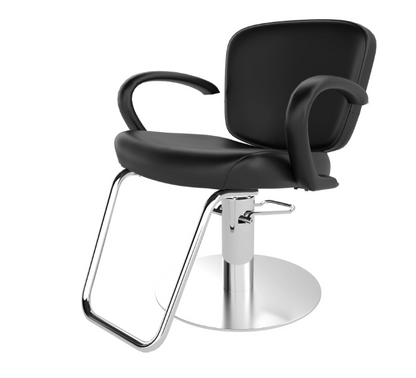 A black hydraulic styling chair with tapered back, thick arms, and a round base, designed for beauty salons and schools.
