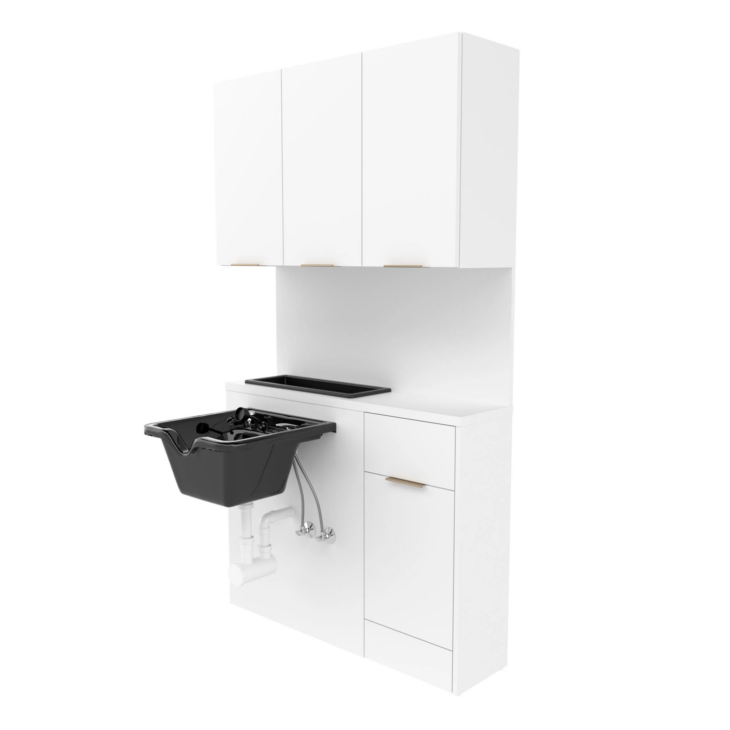 A white wall-mounted salon bulkhead with upper storage cabinets and a soiled towel bin