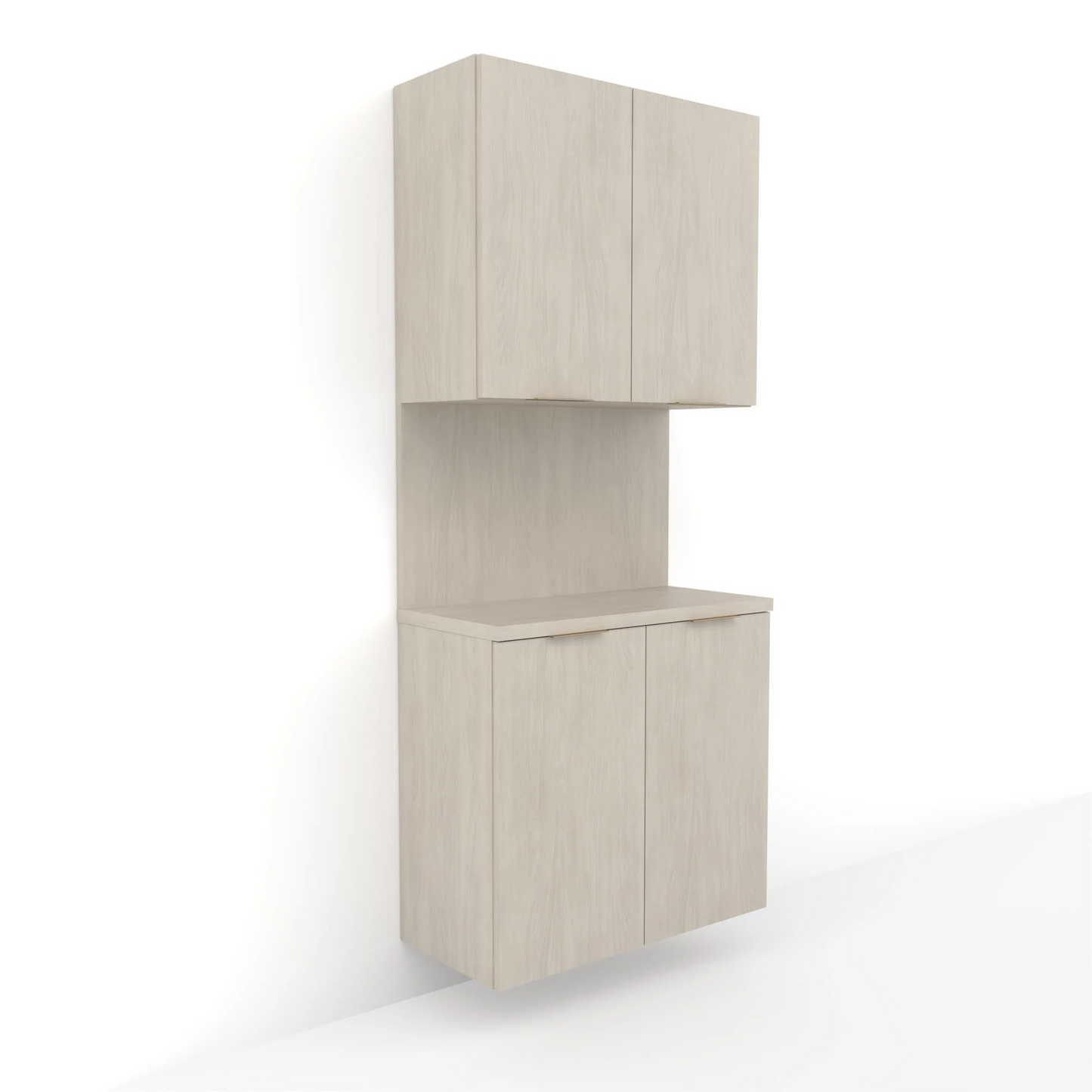A wall-mounted Collins Aspen Floating Backbar Storage cabinet with a light wood finish, featuring upper and lower cabinets with doors and a countertop.