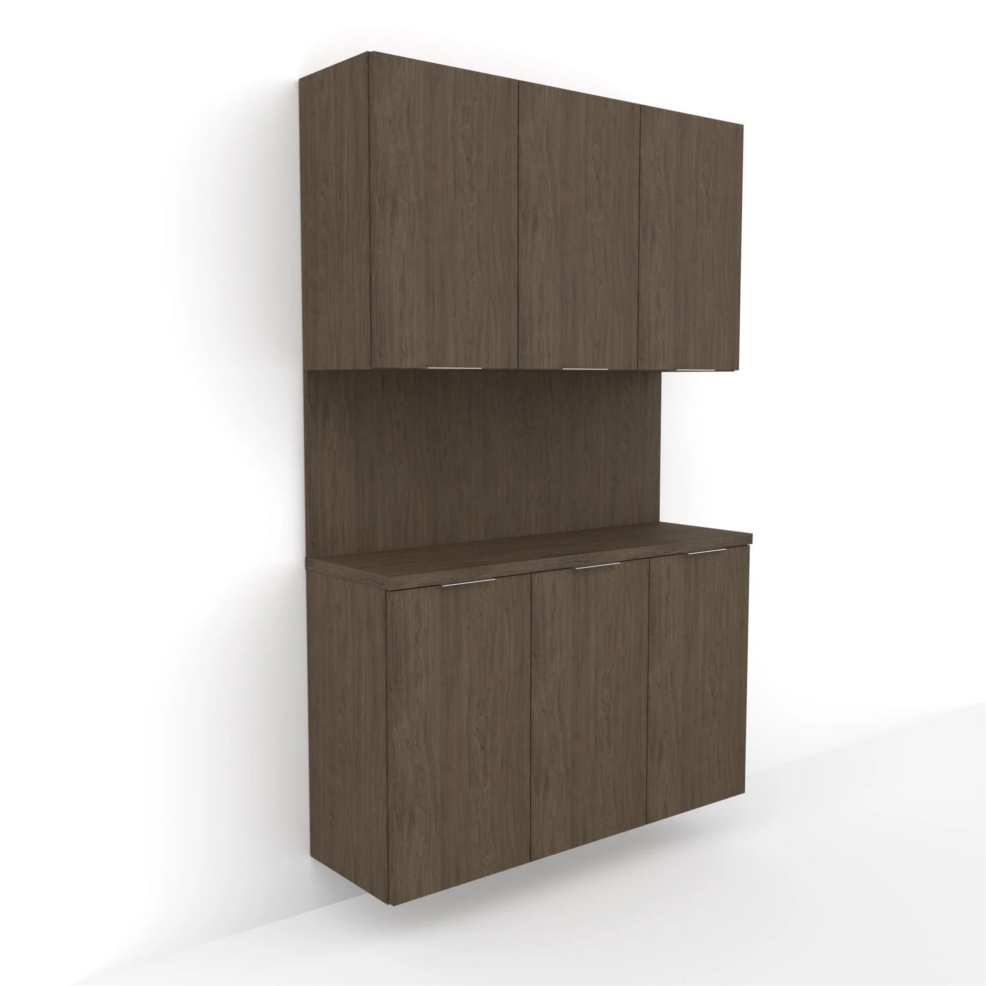 Wall-mounted Collins Aspen Floating Backbar Storage unit with upper and lower cabinets and a countertop in a brown color.