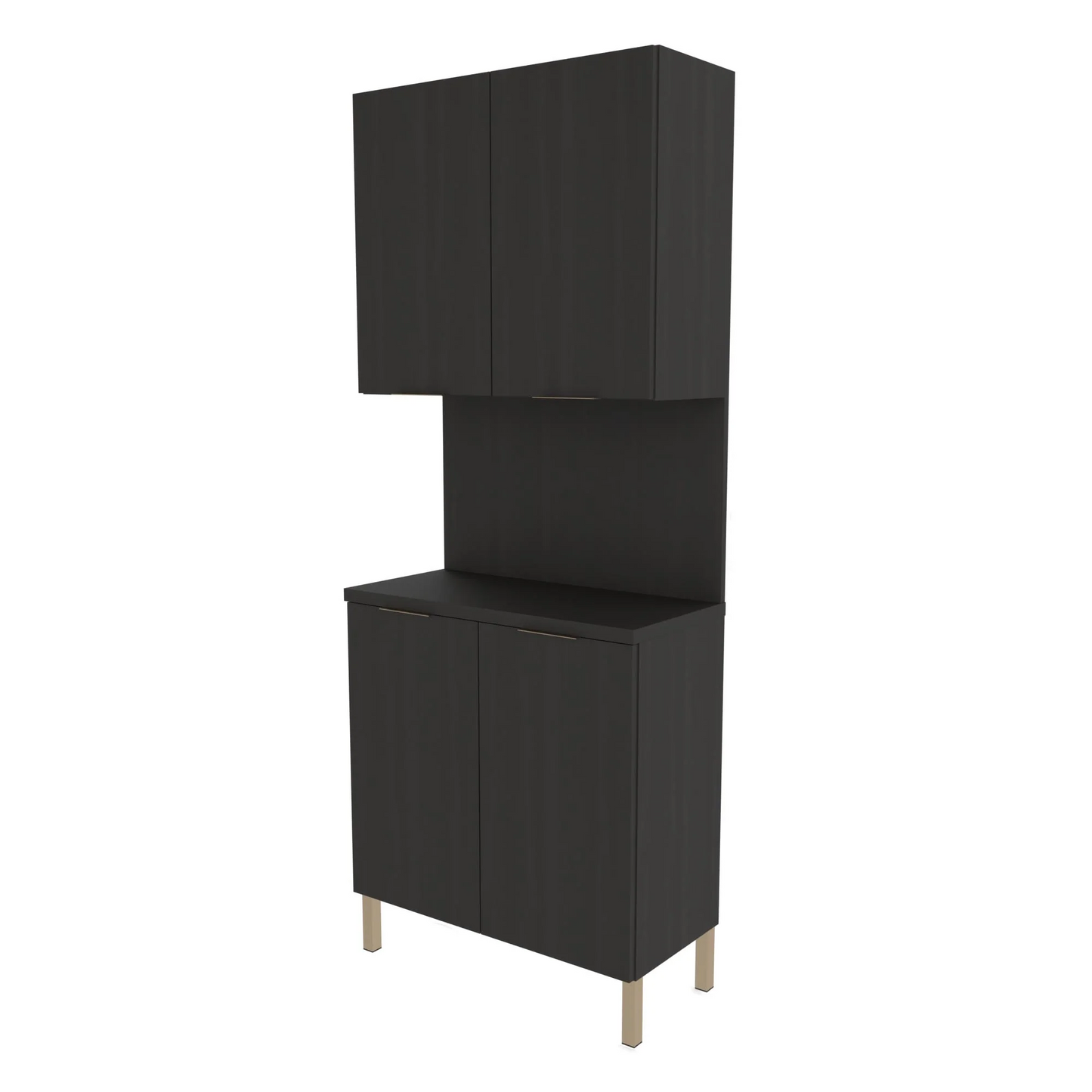 A black Collins Aspen Backbar Storage cabinet with metal legs and various compartments, including upper and lower cabinets and a countertop.