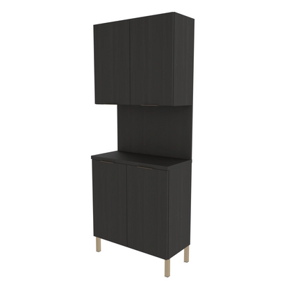 A black Collins Aspen Backbar Storage cabinet with metal legs and various compartments, including upper and lower cabinets and a countertop.