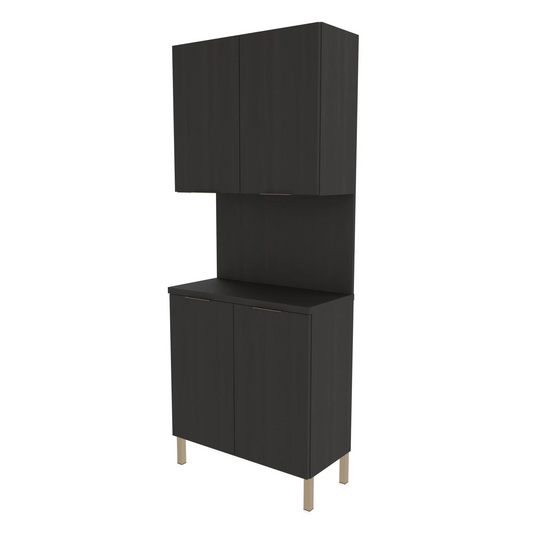 A black Collins Aspen Backbar Storage cabinet with metal legs and various compartments, including upper and lower cabinets and a countertop.