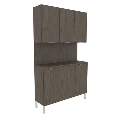 A gray Collins Aspen Backbar Storage cabinet with metal legs, featuring upper and lower cabinets with a countertop.