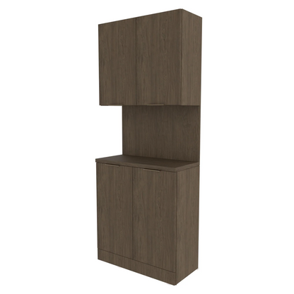 A 32 inch Collins Nico Backbar Storage cabinet with a dark wood finish, featuring upper and lower cabinets with doors and a countertop.