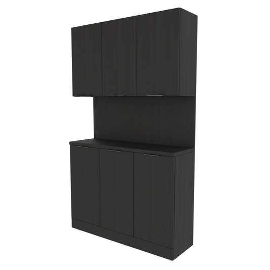 A black Collins Nico Backbar Storage cabinet with multiple doors and a countertop, designed for salon or spa storage.