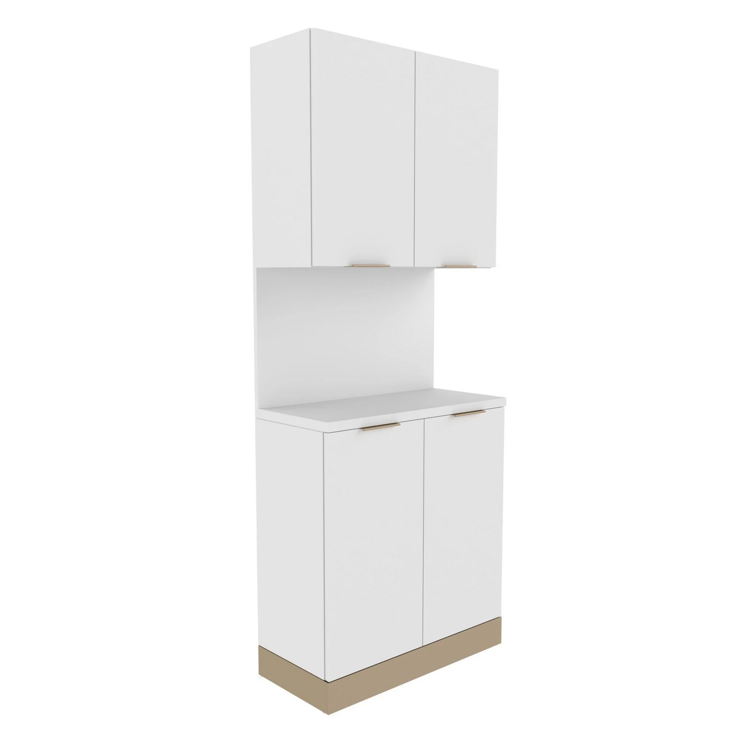 A white Collins Nico backbar storage unit with an accent toe kick, featuring upper and lower cabinets with closed doors and a countertop.