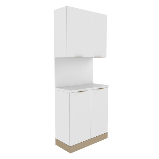 A white Collins Nico backbar storage unit with an accent toe kick, featuring upper and lower cabinets with closed doors and a countertop.