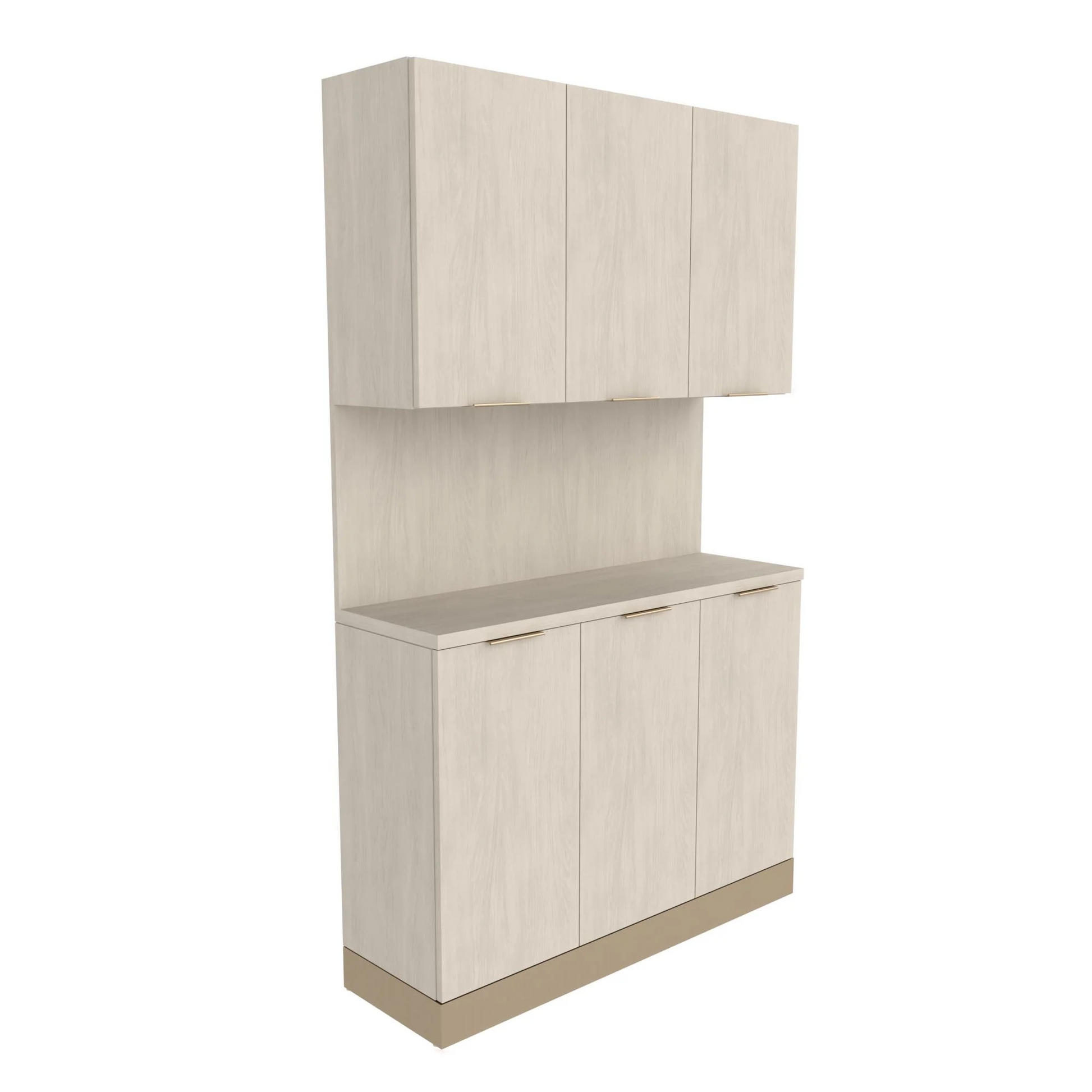 A beige Collins Nico Backbar Storage cabinet with an accent toe kick, featuring upper and lower cabinets with closed doors and a countertop.