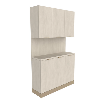 A beige Collins Nico Backbar Storage cabinet with an accent toe kick, featuring upper and lower cabinets with closed doors and a countertop.