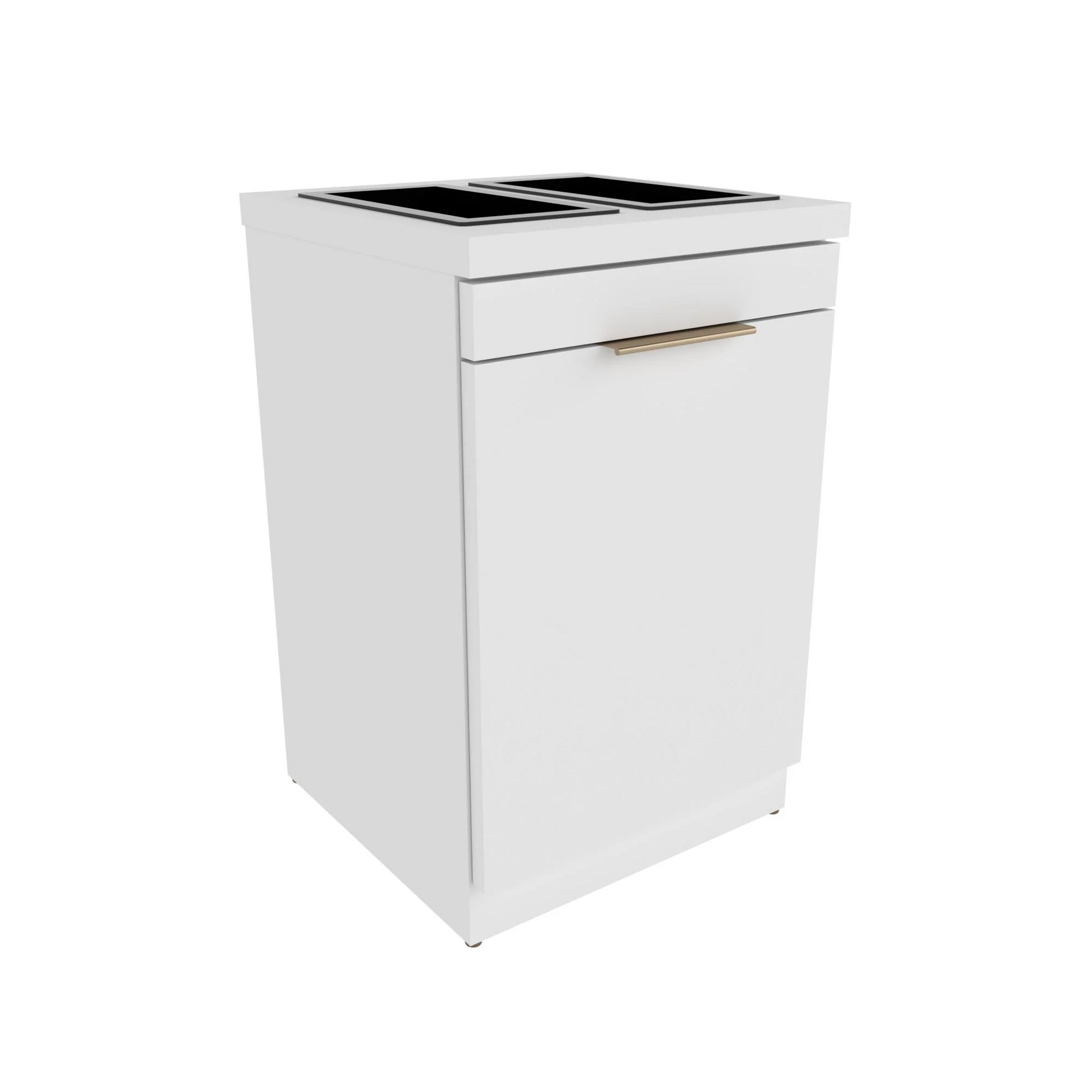 White Collins Bottle Well Storage Cabinet with two molded bottle wells and a tip-out soiled towel bin