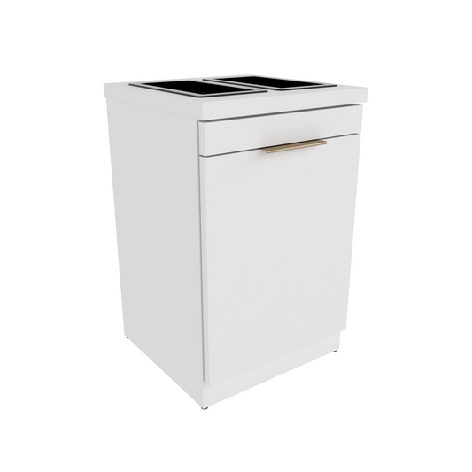 White Collins Bottle Well Storage Cabinet with two molded bottle wells and a tip-out soiled towel bin