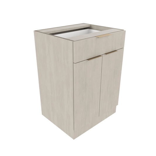 A beige 24 inch door drawer base with a top drawer and two cabinet doors, designed for custom storage areas.
