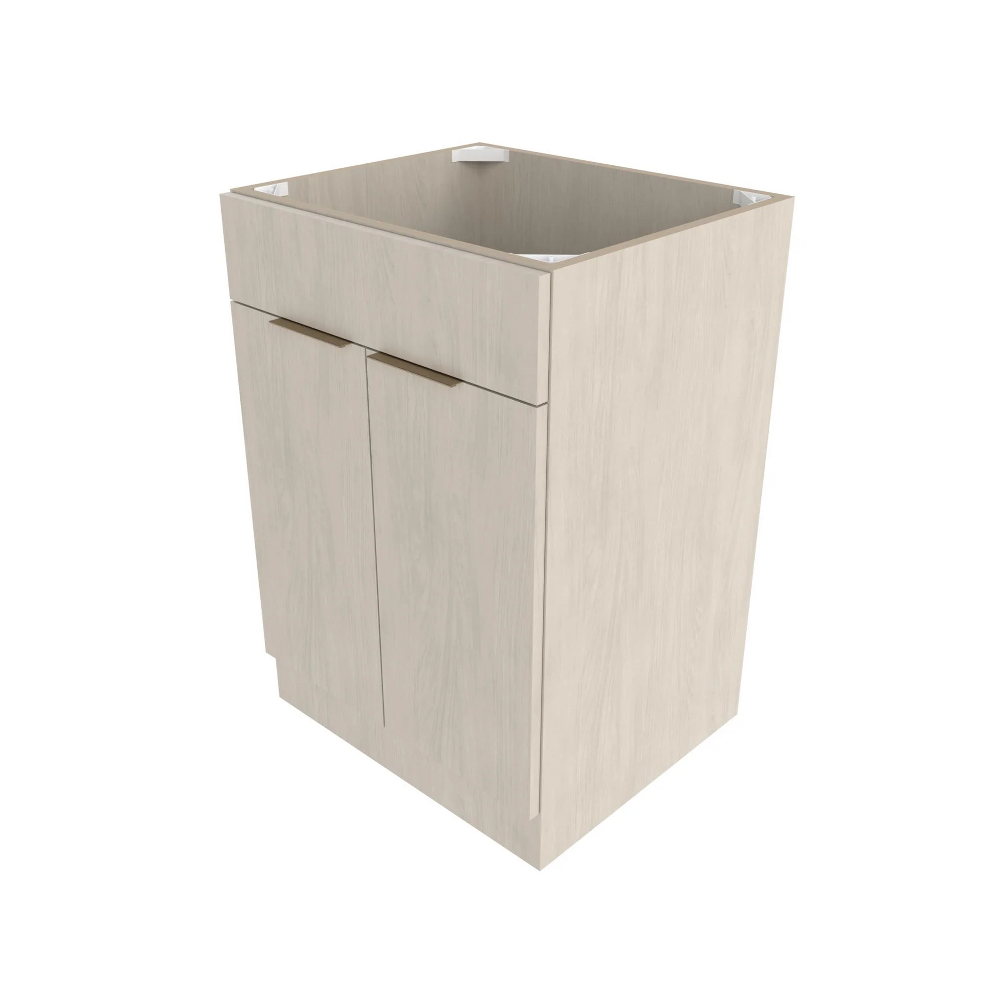 A beige 24-inch sink base cabinet with two doors and an open back, designed for below sink storage.