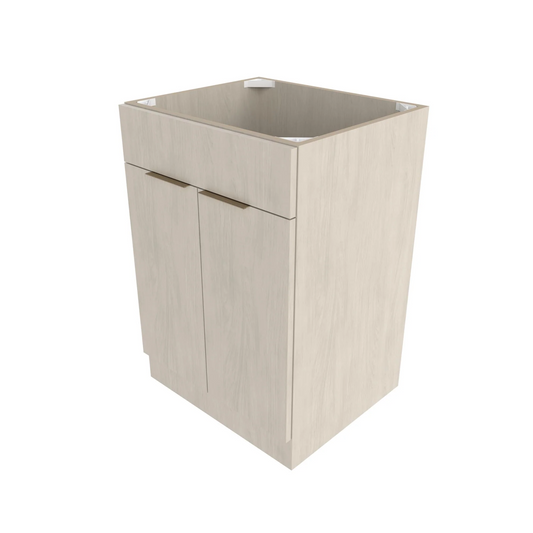 A beige 24-inch sink base cabinet with two doors and an open back, designed for below sink storage.