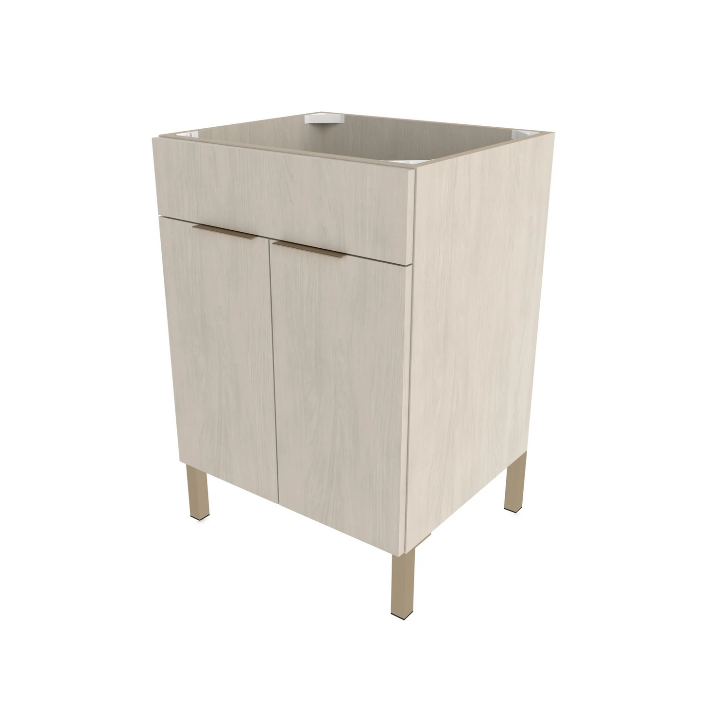 A beige 24 inch sink base cabinet with legs designed for below sink storage, featuring two cabinet doors and a countertop space.
