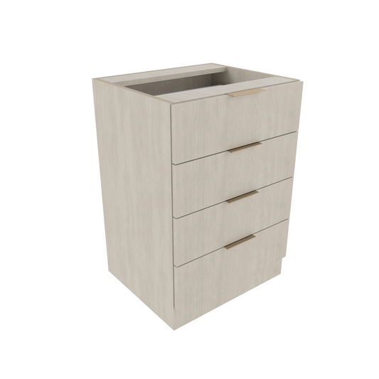 A 24 inch 4-drawer base cabinet with a light beige finish and a flat toe-kick.