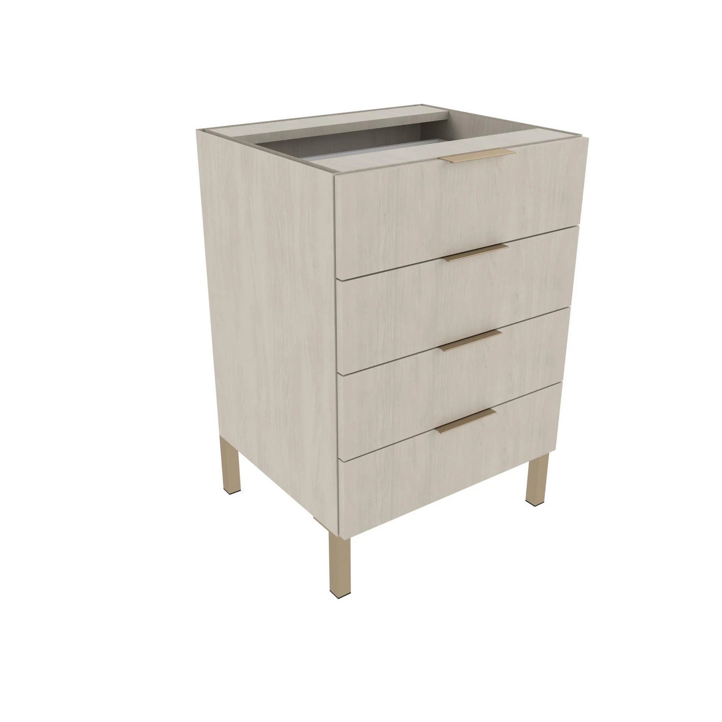 A 24 inch wide base cabinet with four drawers, metal legs, and a light wood finish.
