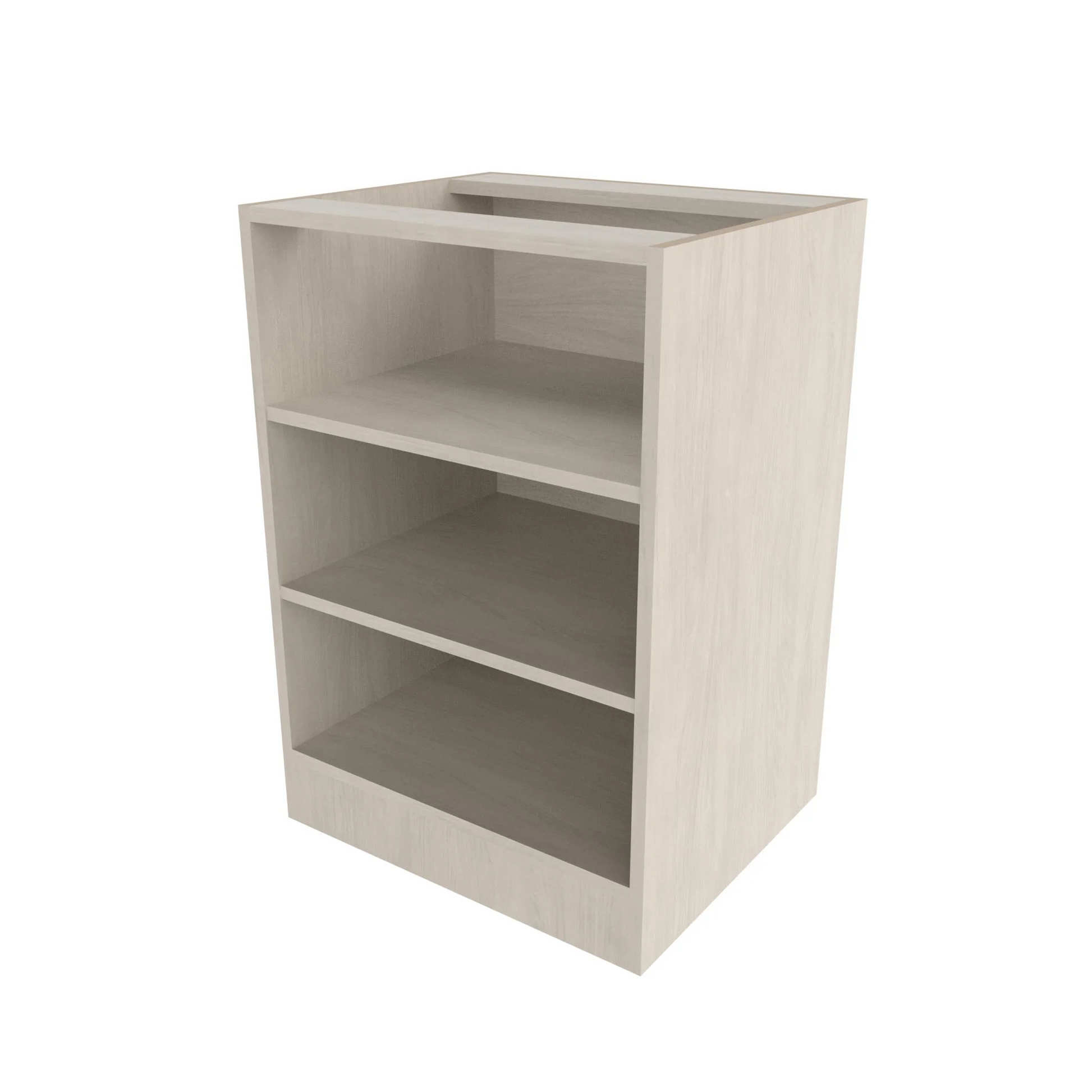 A 24 inch open base cabinet with two adjustable shelves, depicted in a light gray finish.