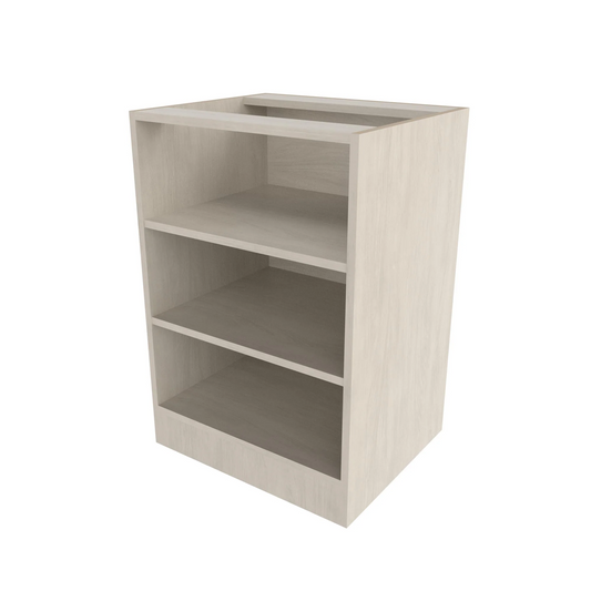 A 24 inch open base cabinet with two adjustable shelves, depicted in a light gray finish.
