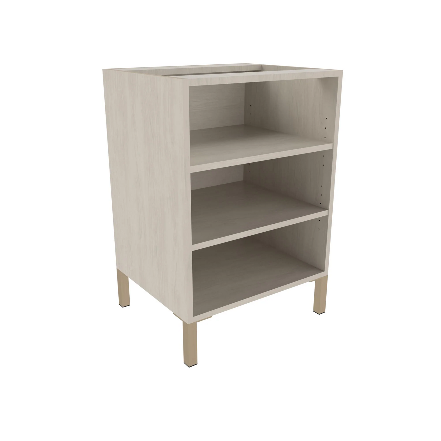 A beige 24 inch open base cabinet with metal legs and two adjustable shelves.