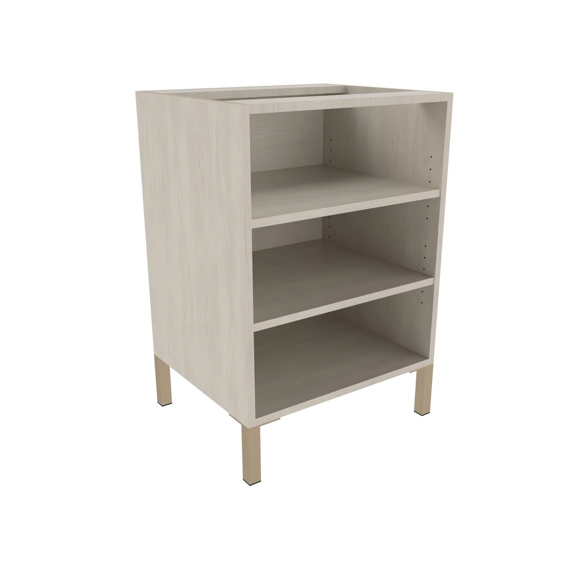 A beige 24 inch open base cabinet with metal legs and two adjustable shelves.