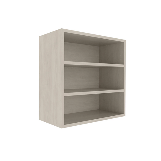 A 24 inch open upper cabinet with two adjustable shelves, depicted in a light gray finish.