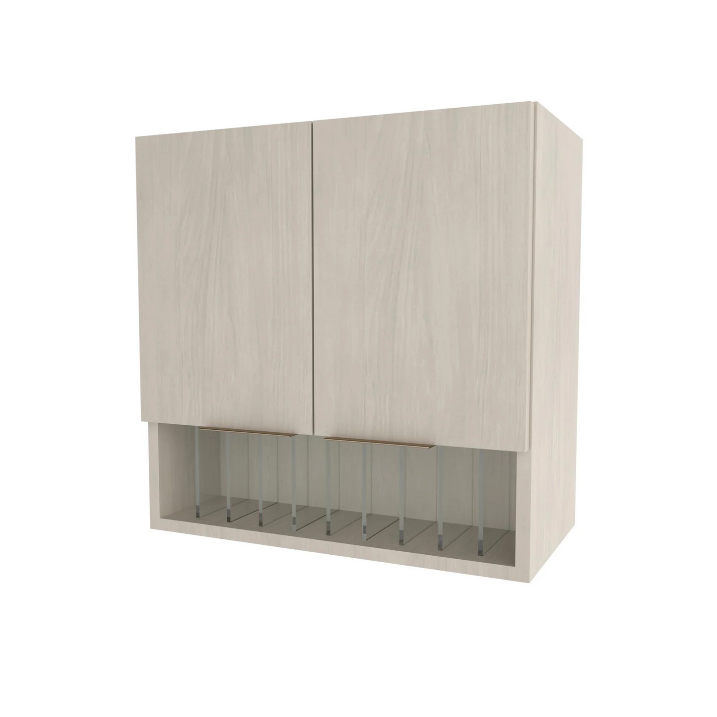 A light gray Collins 24 inch upper storage and cubby cabinet with two doors and clear acrylic cubbies below.