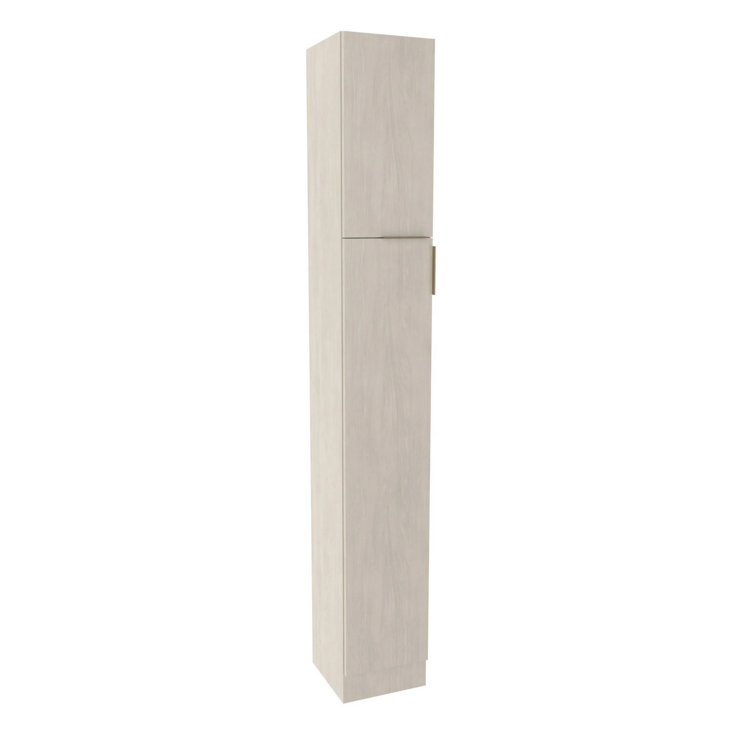 A tall storage cabinet with a hinged left door, finished in a light color, designed for broom and cape storage with an upper cabinet.