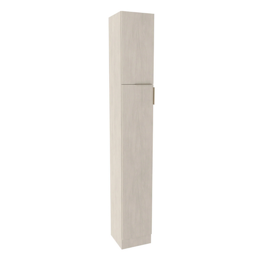 A tall storage cabinet with a hinged left door, finished in a light color, designed for broom and cape storage with an upper cabinet.