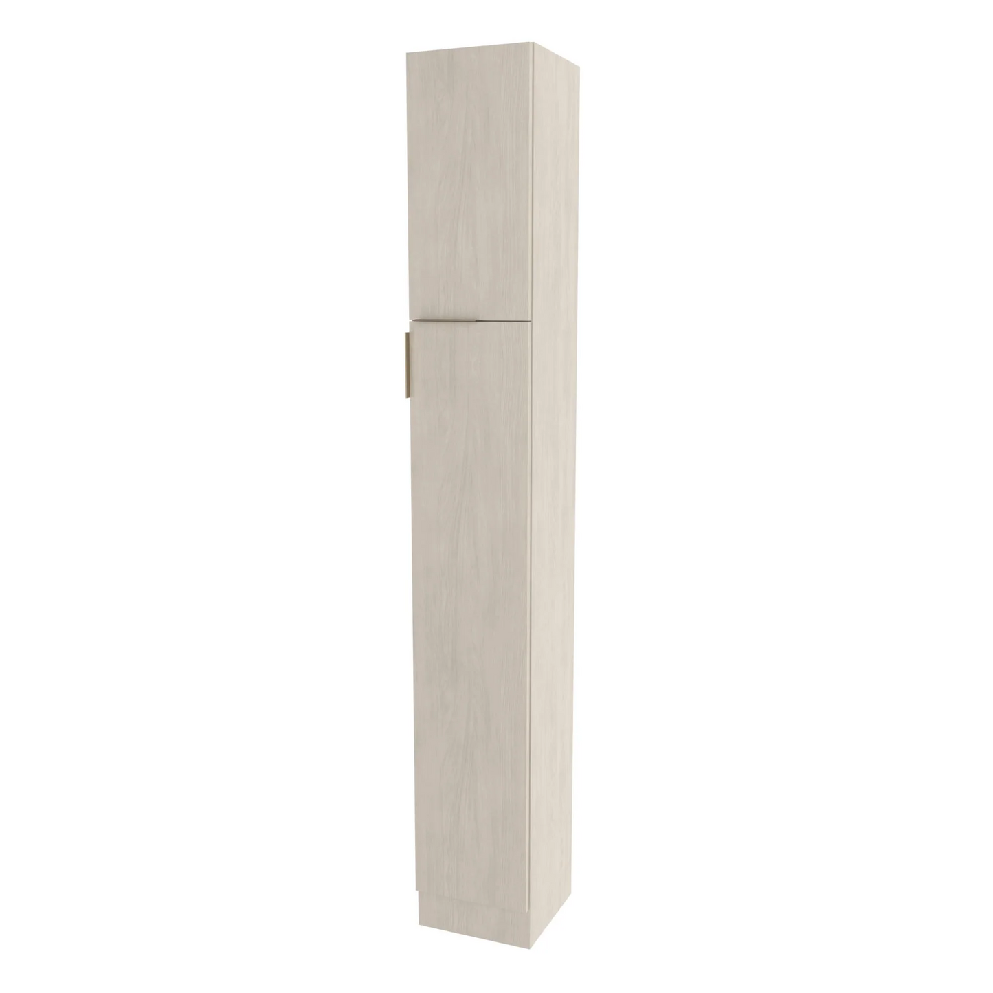A tall, light gray storage cabinet with a hinged right door, designed for broom and storage purposes.