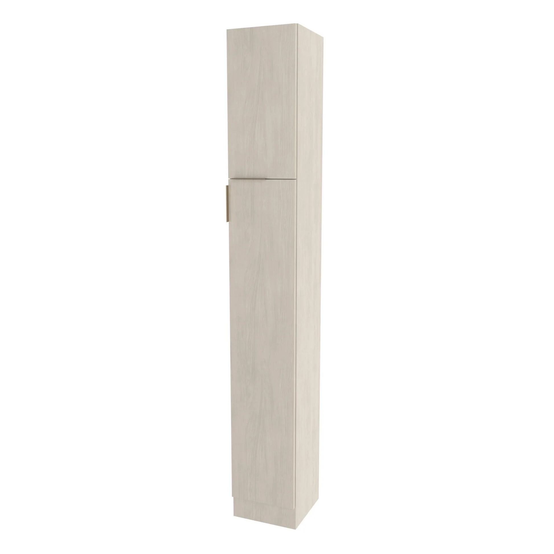 A tall, light gray storage cabinet with a hinged right door, designed for broom and storage purposes.