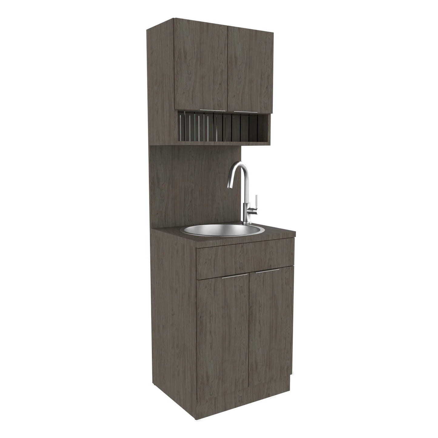 A professional beauty salon or barber shop styling station featuring a gray color dispensary cabinet with sink, upper cabinets, and a stainless steel sink with a pull out faucet.