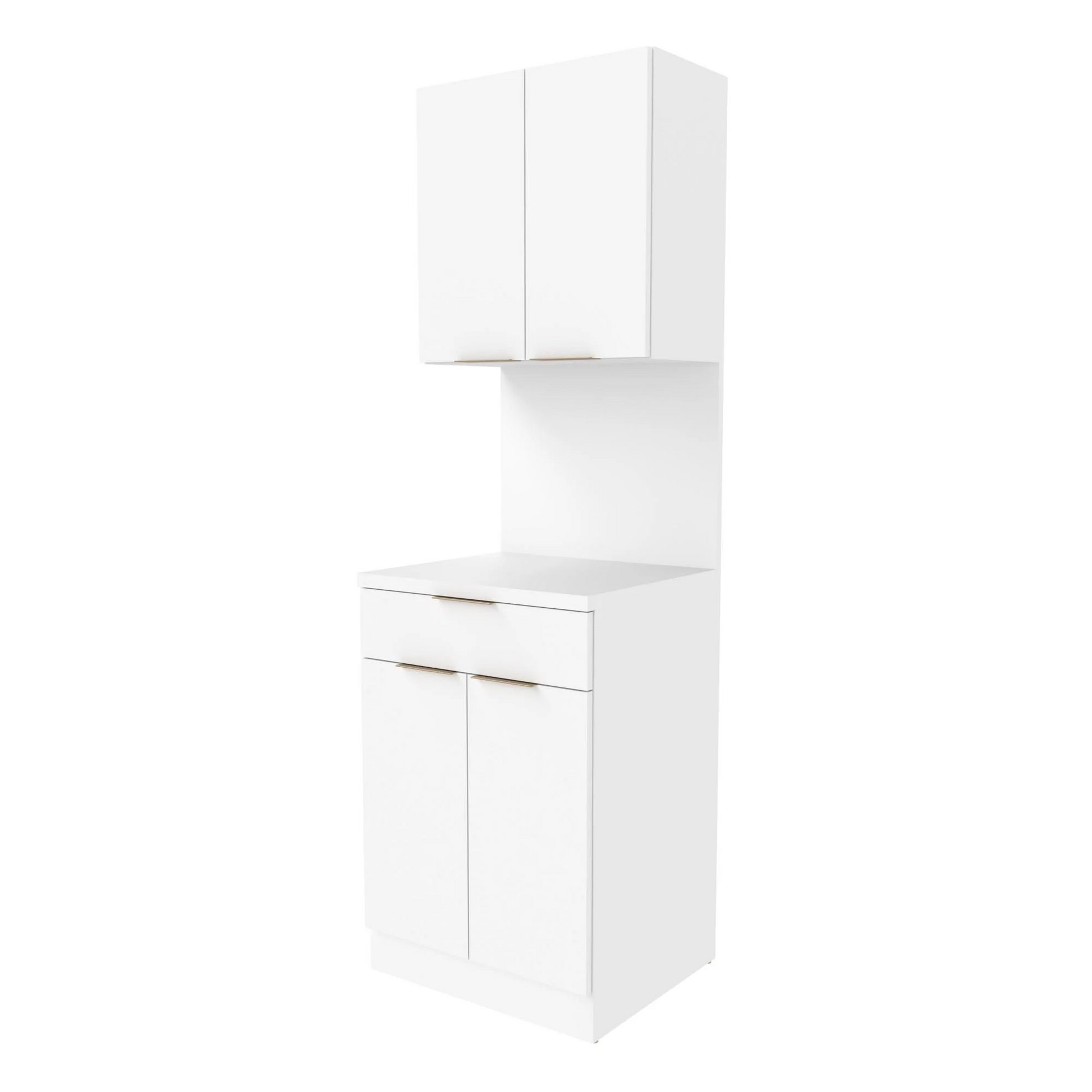 A white Collins 24 inch dispensary cabinet with closed upper section, featuring multiple doors and a flat top, isolated on a white background.