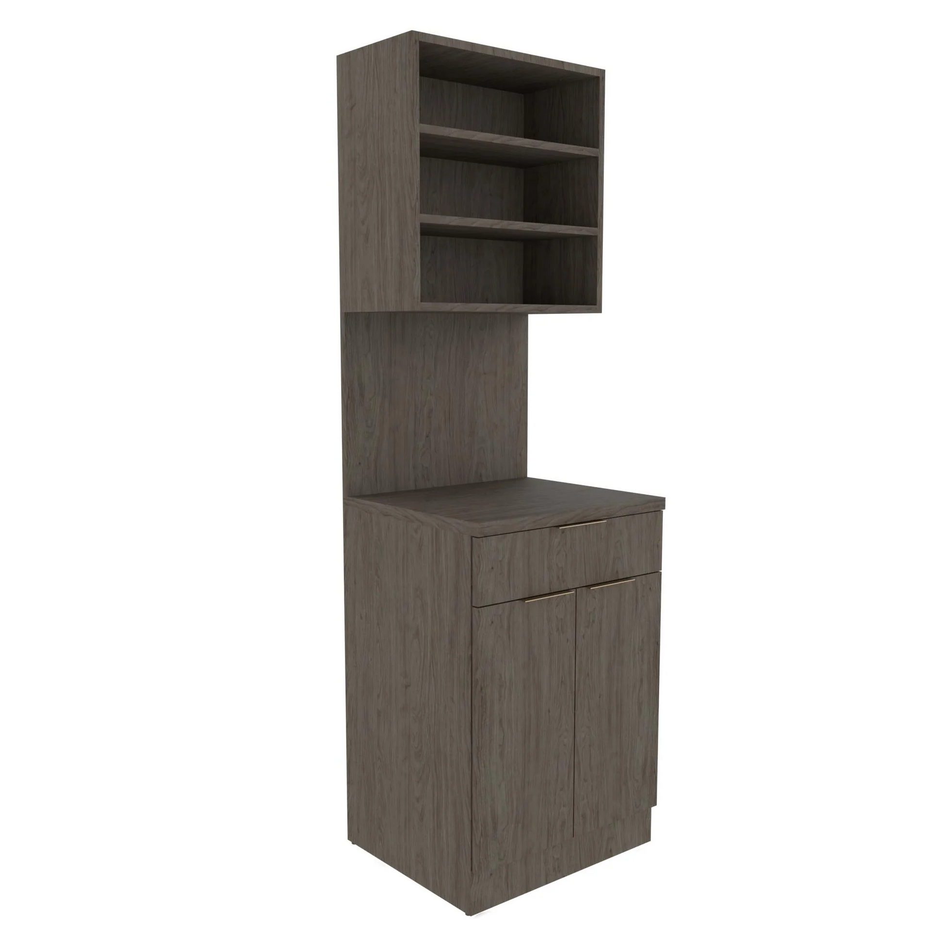 A brown Collins 24 inch Config C Dispensary Cabinet with an open upper section and a closed lower cabinet.