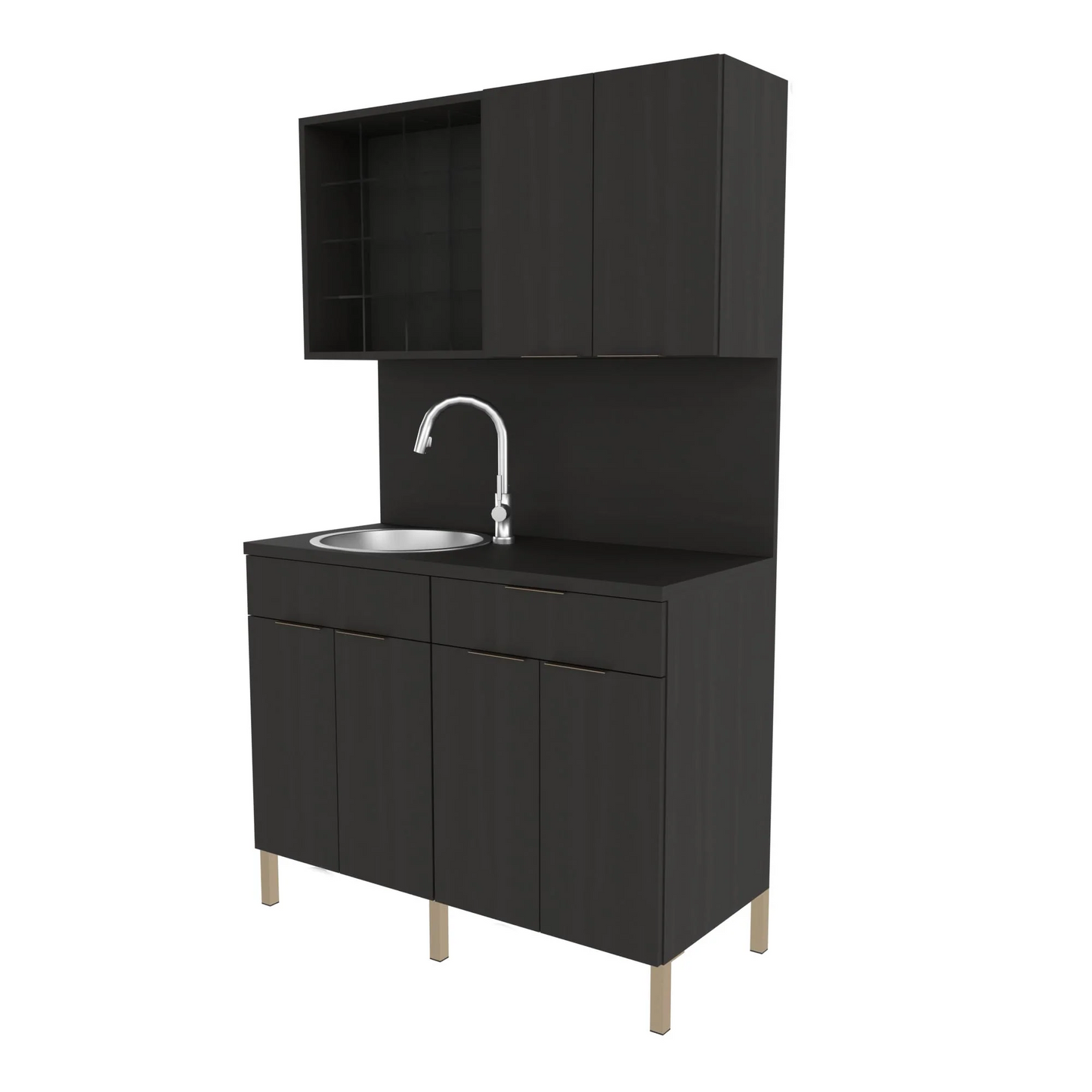 A black color dispensary unit with metal legs, featuring a sink and upper color cubbies, with a modular design.
